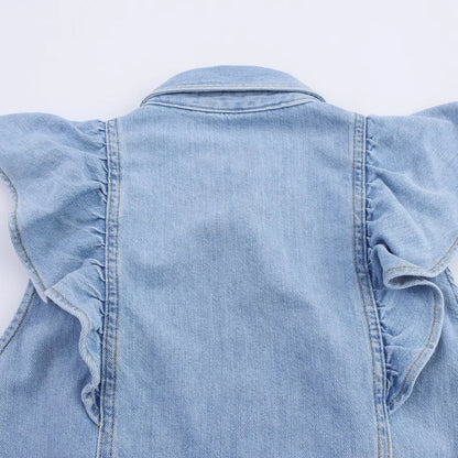 Women's European and American style layered denim vest top with belt high waisted straight leg jeans set