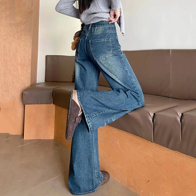 Woman High Waist Vintage Flare Jeans Korean Fashion Slimming Washed Denim Pants Women Y2K 2000S Streetwear Wide Leg Trousers