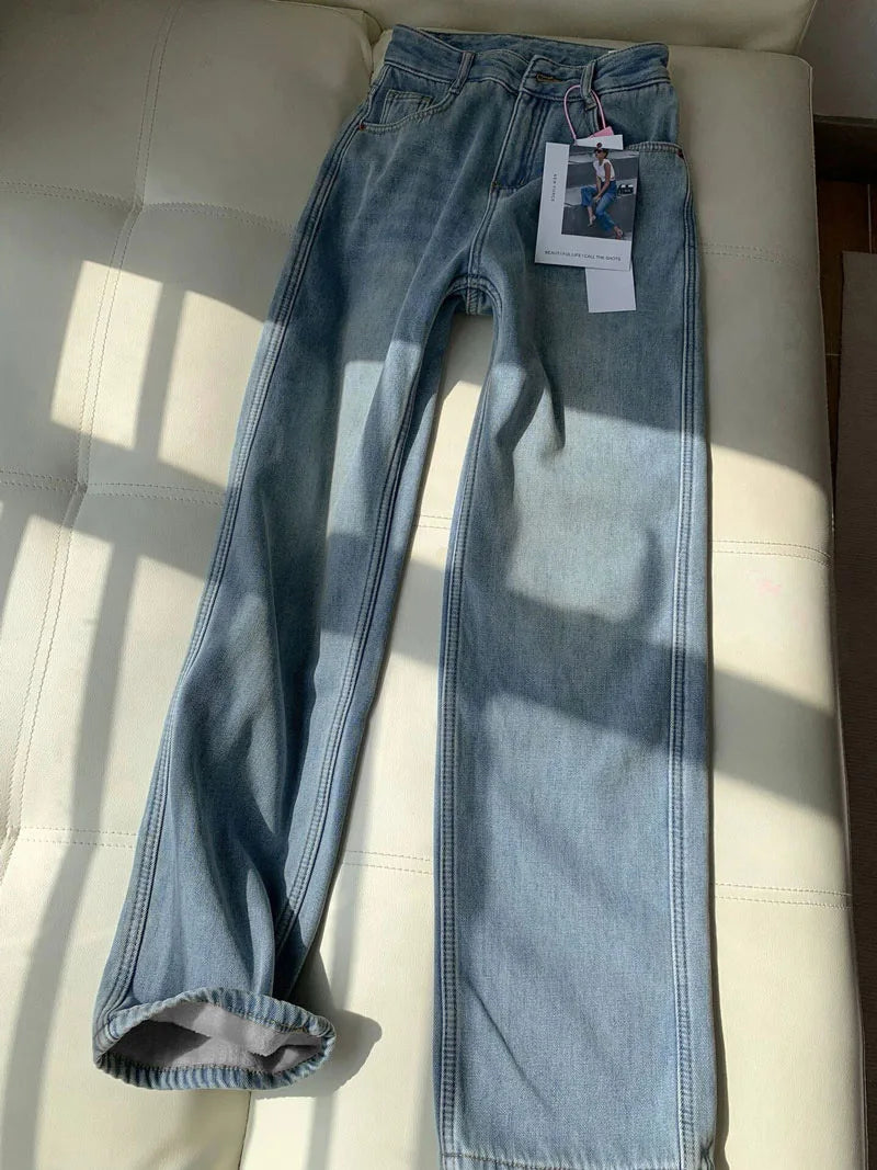 Jeans Women's Autumn and Winter Narrow Version Warm Wide-leg Velvet High-waisted Floor-mopping Pants Thickened Loose Retro