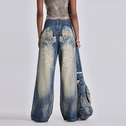 Women's Vintage Baggy Jeans High-Waisted Wide Leg Denim Pants with Back Wing Print Washed Y2K Streetwear 2025 Spring Summer Chic