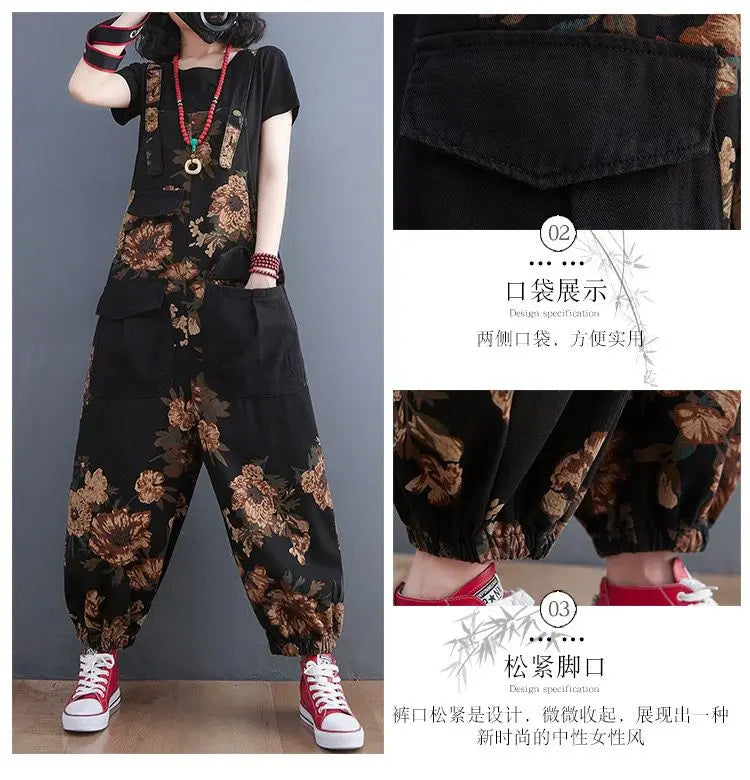 Women's Nine Split Jeans Overalls, Casual Female Print Jumpsuit, Loose Bloomers, Oversized Rompers, Suspenders, Fashion, Spring,