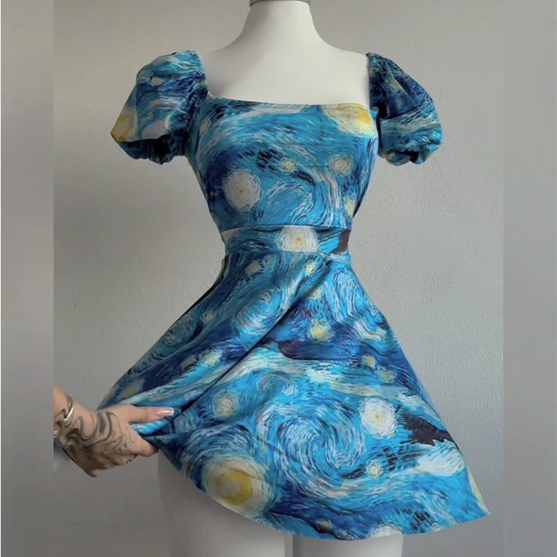 Women Mini Dresses Summer Fashion Female Van Gogh Starry Sky Print Dresses Shirring Pleated Short Puffy Sleeve Casual Dress