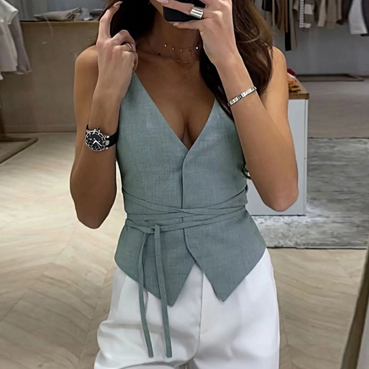 Active Tops for Women Womens 2024 Summer Fashion Casual Tops British Style Solid Color V Neck Receive Waist Crop Tops for Women