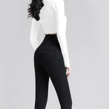 Korean Women High Waist Skinny Jeans Spring Autumn Streetwear Fashion Slim Trousers Denim Solid Button Casual Pencil Pants 2022