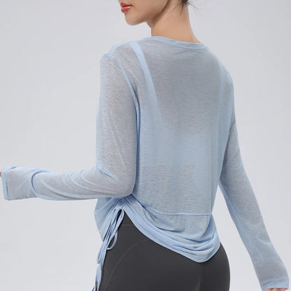 Thin Sunscreen Clothes Yoga Loose Top Drawstring Long Sleeve T-shirt Women's Gym Outdoor Exercise Clothing