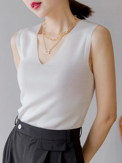 AOSSVIAO 2025 Summer Women Knitted Tank Tops Women Thin Tops Basic Casual Tank Tops V-neck Tees Sleeveless Tops For Women