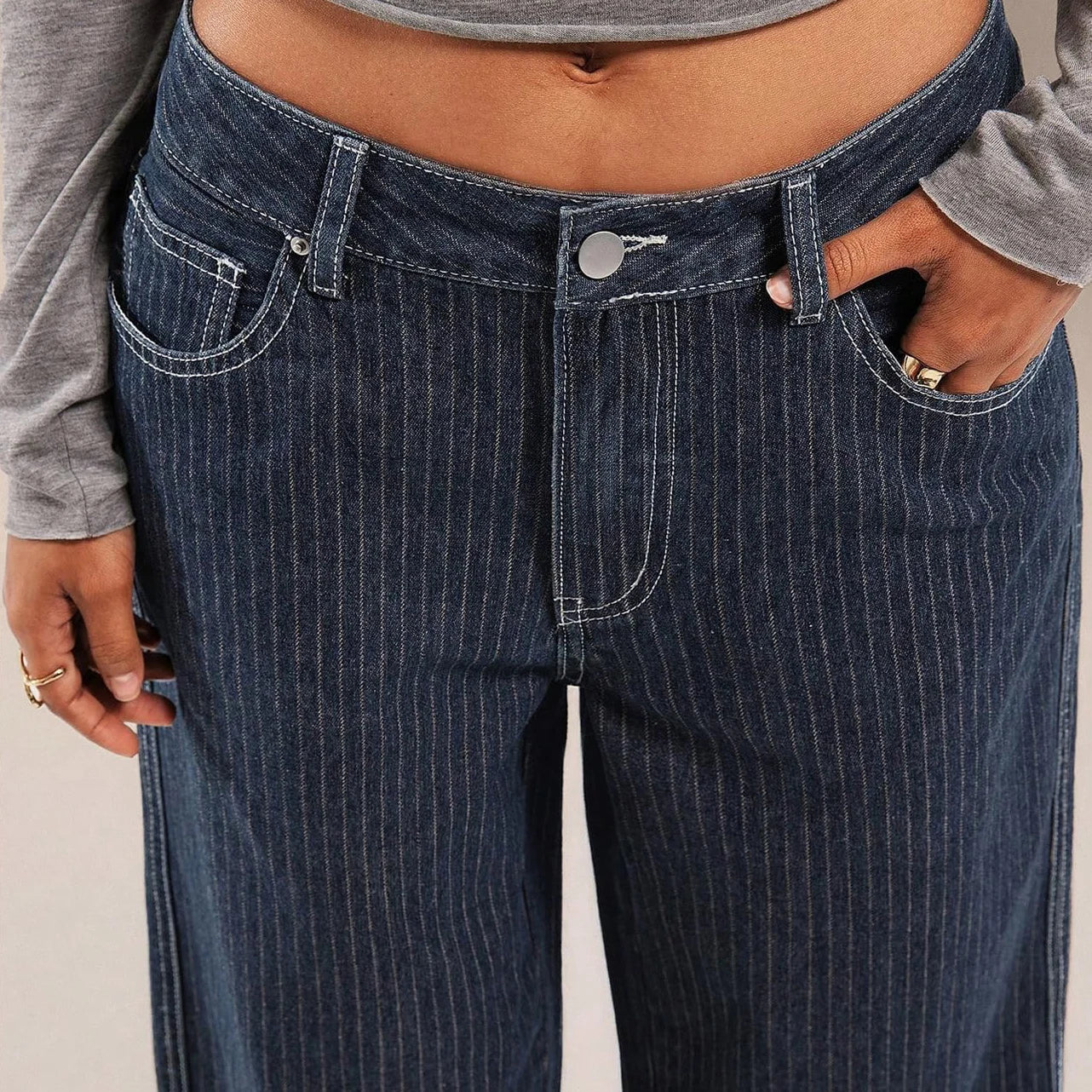 Women Mid Waist Jeans Spring Autumn Daily Matching Comfy Loose Wide Leg Trousers Fashion Stripe Straight Leg Denim Fabric Pants