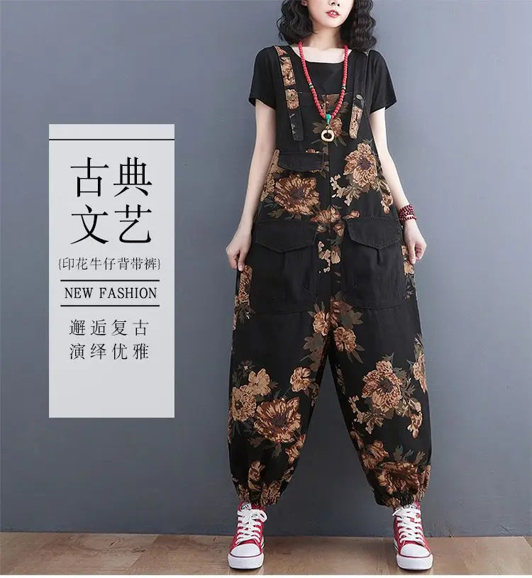 Women's Nine Split Jeans Overalls, Casual Female Print Jumpsuit, Loose Bloomers, Oversized Rompers, Suspenders, Fashion, Spring,