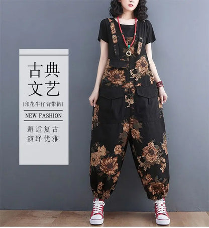 Women's Nine Split Jeans Overalls, Casual Female Print Jumpsuit, Loose Bloomers, Oversized Rompers, Suspenders, Fashion, Spring,