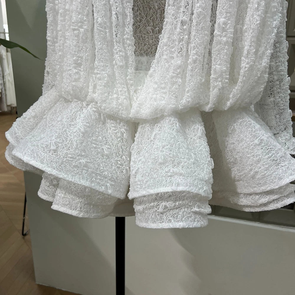 Chic Sheer Three Pieces Mini Dresses For Women Sexy O Neck Long Sleeve Tops Shorts Celebrity See Through Birthday Luxury Outfit