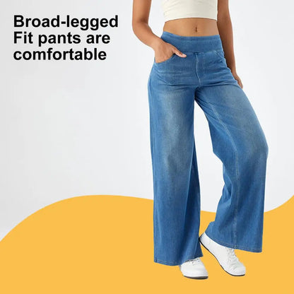 Women Jeans With Pockets Elastic High Waist Solid Color Full Length Pants Straight Wide Leg Trousers Sweatpant Daily Commuting