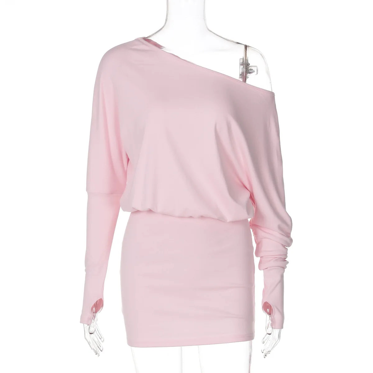 Fashion Off Shoulder Sheer Mini Dress Outfits For Women Hot Sexy Long Sleeve Ruched Party Dresses Bodycon Solid Color Robe Femme