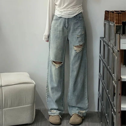 American high street old ripped large size jeans for women in summer design high waist slimming wide-leg trousers