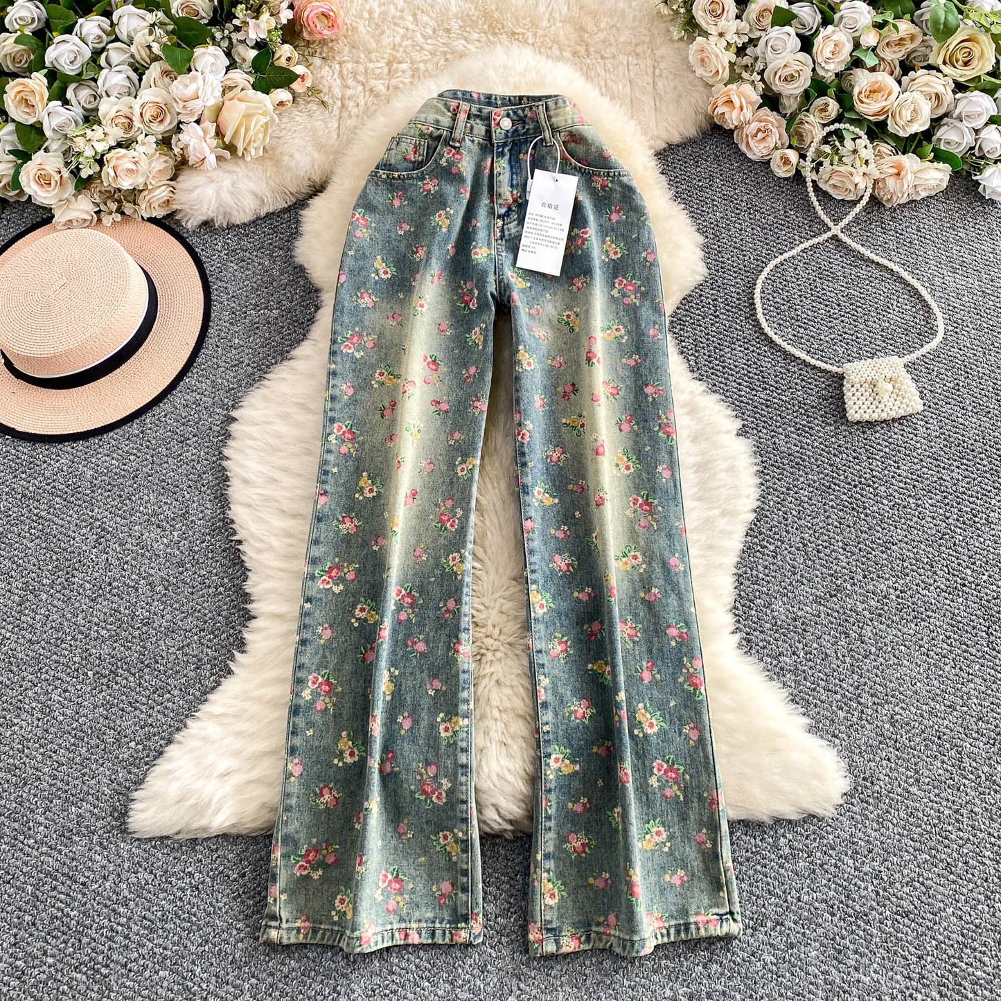 Women's Fashion Floral Print Denim Pants Colorful Flower Wide Leg Trousers Female Spring Autumn Versatile High Waist Blue Jeans