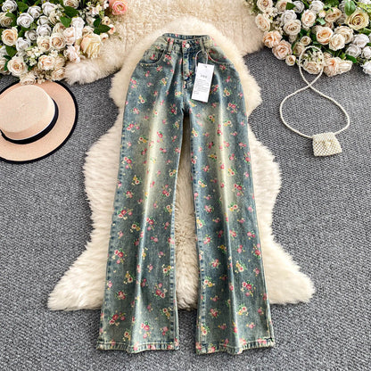 Women's Fashion Floral Print Denim Pants Colorful Flower Wide Leg Trousers Female Spring Autumn Versatile High Waist Blue Jeans