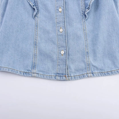 Women's European and American style layered denim vest top with belt high waisted straight leg jeans set