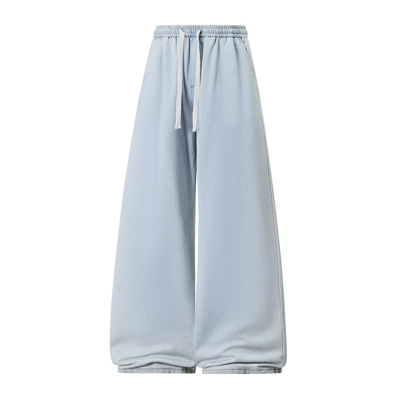 2025 New Elastic Waist Drawstring Solid Color Loose Fit Wide Leg Jeans Wide Leg Trendy High Waist Denim Pants for Men Women 3XL