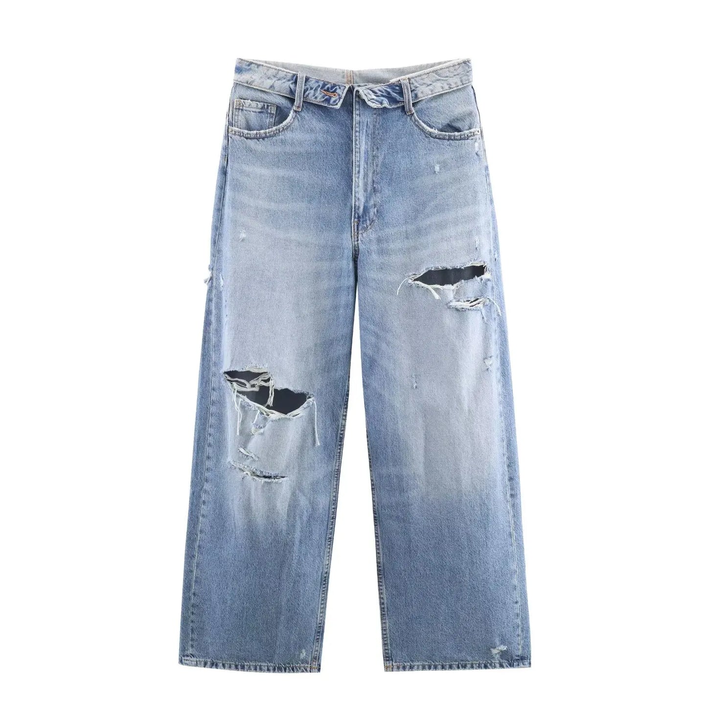 HH Women's 2025 New Fashion Retro Versatile Mid-Waist Turn-Down Jeans Female High Street Casual Ripped Decorative Wide Leg Pants