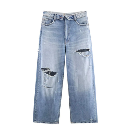 HH Women's 2025 New Fashion Retro Versatile Mid-Waist Turn-Down Jeans Female High Street Casual Ripped Decorative Wide Leg Pants