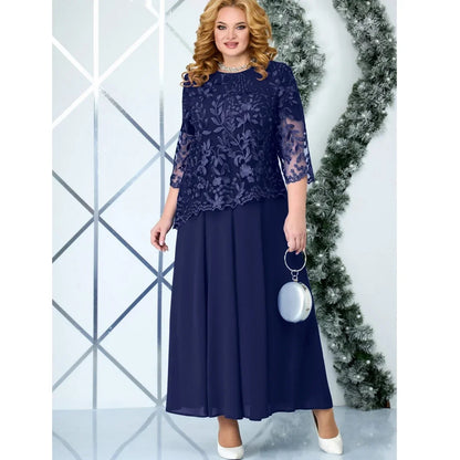 5XL Plus Size Long Dresses Women Clothing Summer Embroidery Fake Two Piece Elegant Party Dress for Wedding Guest Church Dress