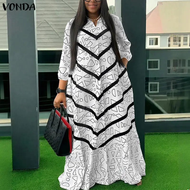 VONDA Plus Size Ruffled Women Bohemian Vestidos Autumn Long Maxi Robe Print Party Elegant 3/4 Sleeve Casual Loose Dress 5XL