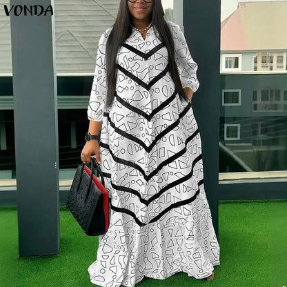 VONDA Plus Size Ruffled Women Bohemian Vestidos Autumn Long Maxi Robe Print Party Elegant 3/4 Sleeve Casual Loose Dress 5XL