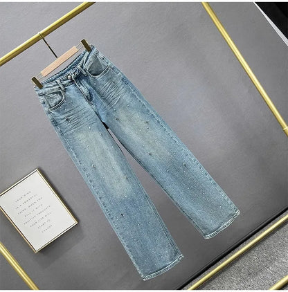 Fashion Women Blue Jeans High Waist Diamond Studded Straight Denim Pants Spring Summer Female Chic Trousers