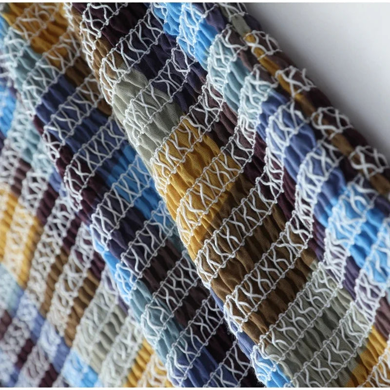 Women's Tops Vintage Plaids Elastic Pleated T Shirt Casual O Neck Long Sleeves Ruffles Hem Top Spring Chic Lady High Street Wear