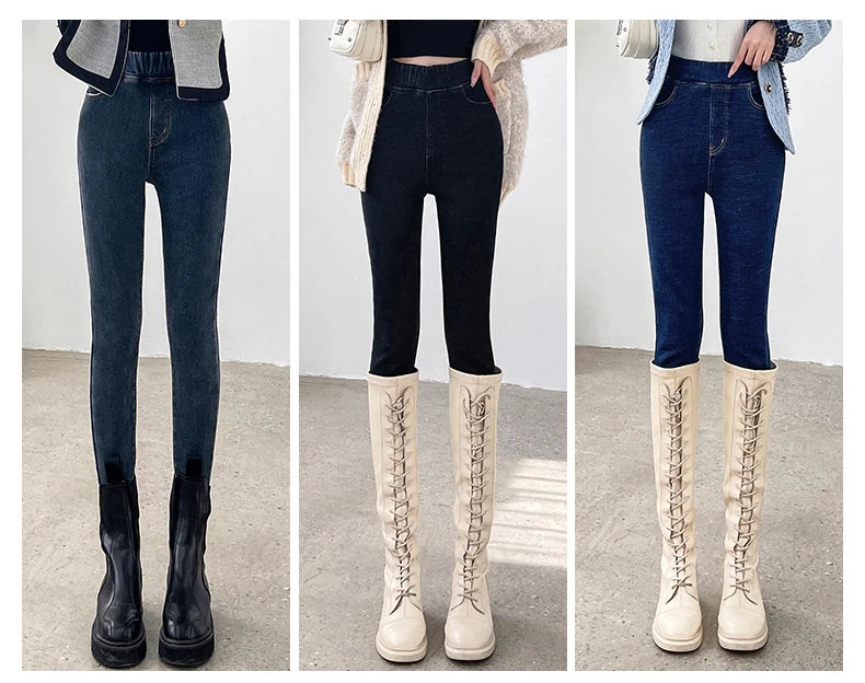 Women's Winter Jeans Fleece Warm Slim Pencil Trousers Elastic Waist Thicken Velvet Comfortable Mom Denim Pants Female
