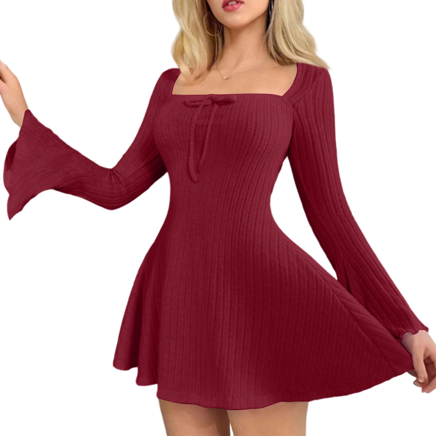 Dresses Women Blush Ribbed Bell-Sleeve Mini Dress Casual Date Party Street Daily 2026 Trendy Solid Multi Color Nuevo Estilo