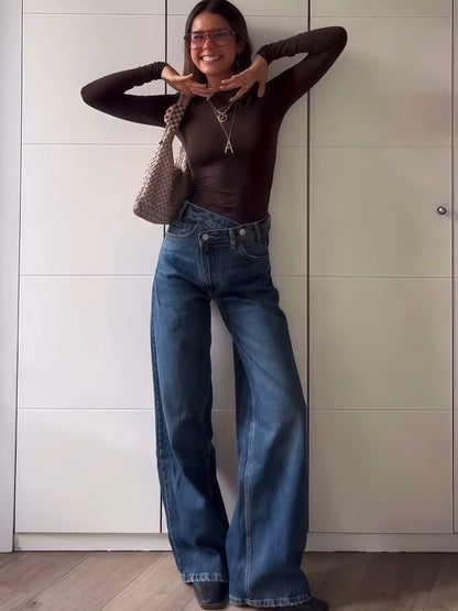 2025 Fashion Women Slanted Placket Blue Jeans Female Wide Leg Pants Long Pants High Street Ripped Jeans Versatile Retro