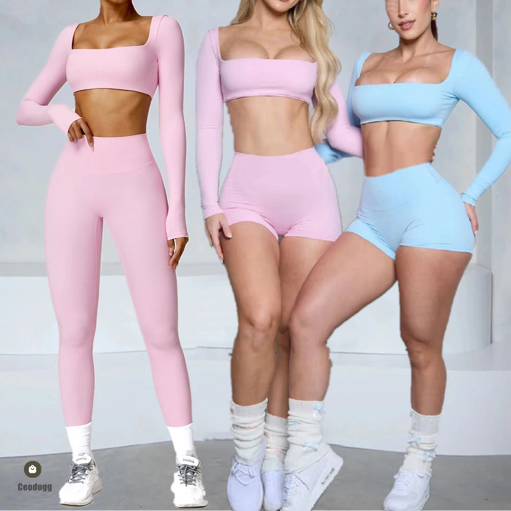 Yoga Clothes 2PCS Gym Set Sports Shorts Set Women Long Sleeved High Waist Shorts Fitness Suit Running Workout Tracksuit XP133