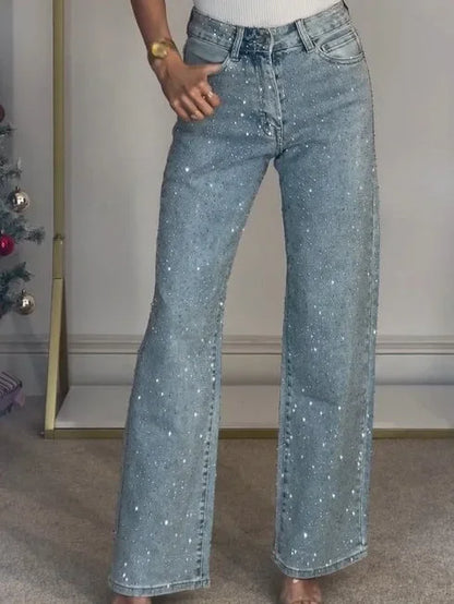 Women's full diamond washed denim jeans women's high-end high waisted straight leg pants spicy pants