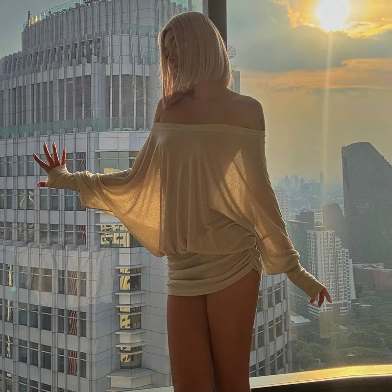 Fashion Off Shoulder Sheer Mini Dress Outfits For Women Hot Sexy Long Sleeve Ruched Party Dresses Bodycon Solid Color Robe Femme