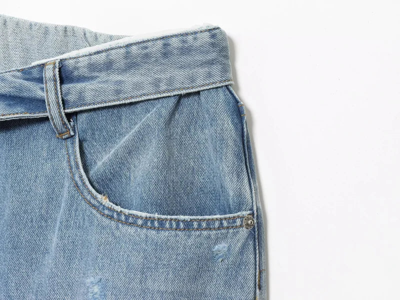 ETJ 2025 women's new street fashion fold waist mid waist washed ripped jeans loose version of the floor-length pants