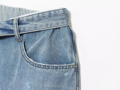 ETJ 2025 women's new street fashion fold waist mid waist washed ripped jeans loose version of the floor-length pants