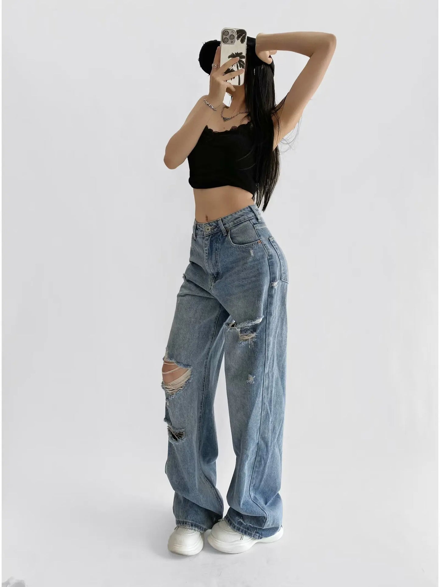 Women's Destroyed Jeans 2025 Spring Summer High Waist Loose Leg Floor-Length Distressed Denim Vintage Daily Staple