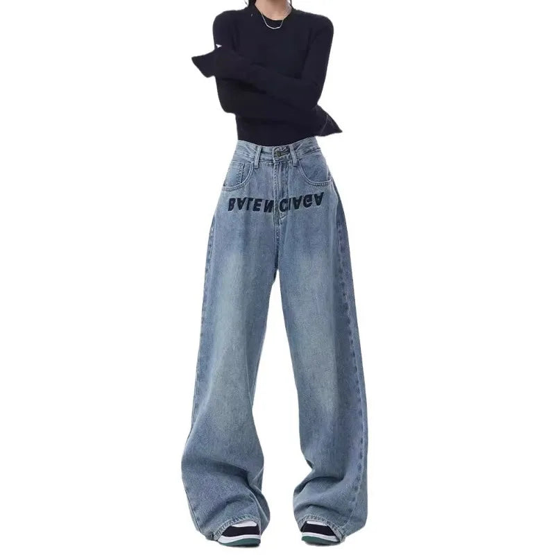 2024 New Blue Jeans Women Embroidered Design Sense Loose Wide Leg Pants Casual Street Style Pants