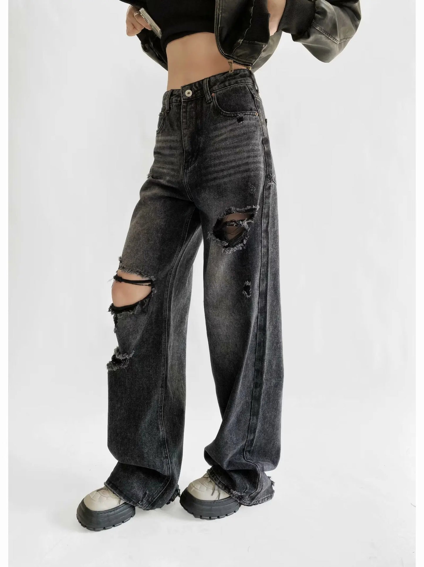 Women's Destroyed Jeans 2025 Spring Summer High Waist Loose Leg Floor-Length Distressed Denim Vintage Daily Staple