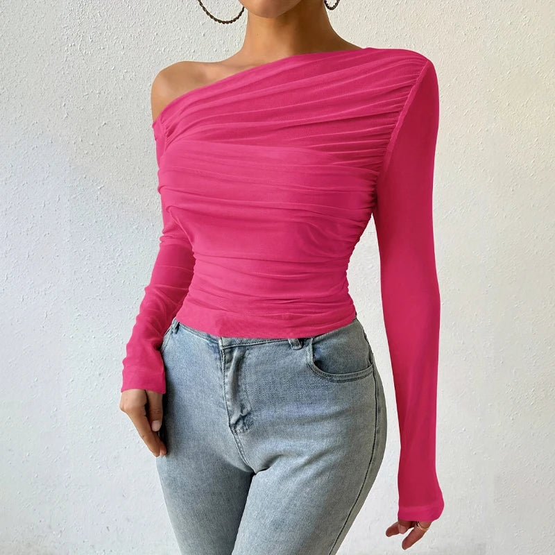Autumn Winter Top Women 2025 Fall Fashion Off The Shoulder Long Sleeve Shirts Crop Tops Slim Fit Blouses Y2K Clothing Streetwear
