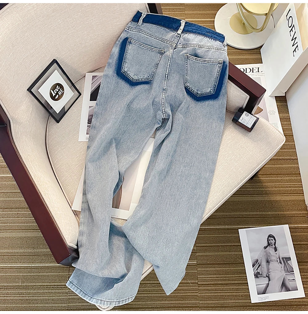 Oversize Straight Loose Jeans for Women Fashion High Waist Contrast Color Blue Denim Pants Streetwear Wide Leg Trousers