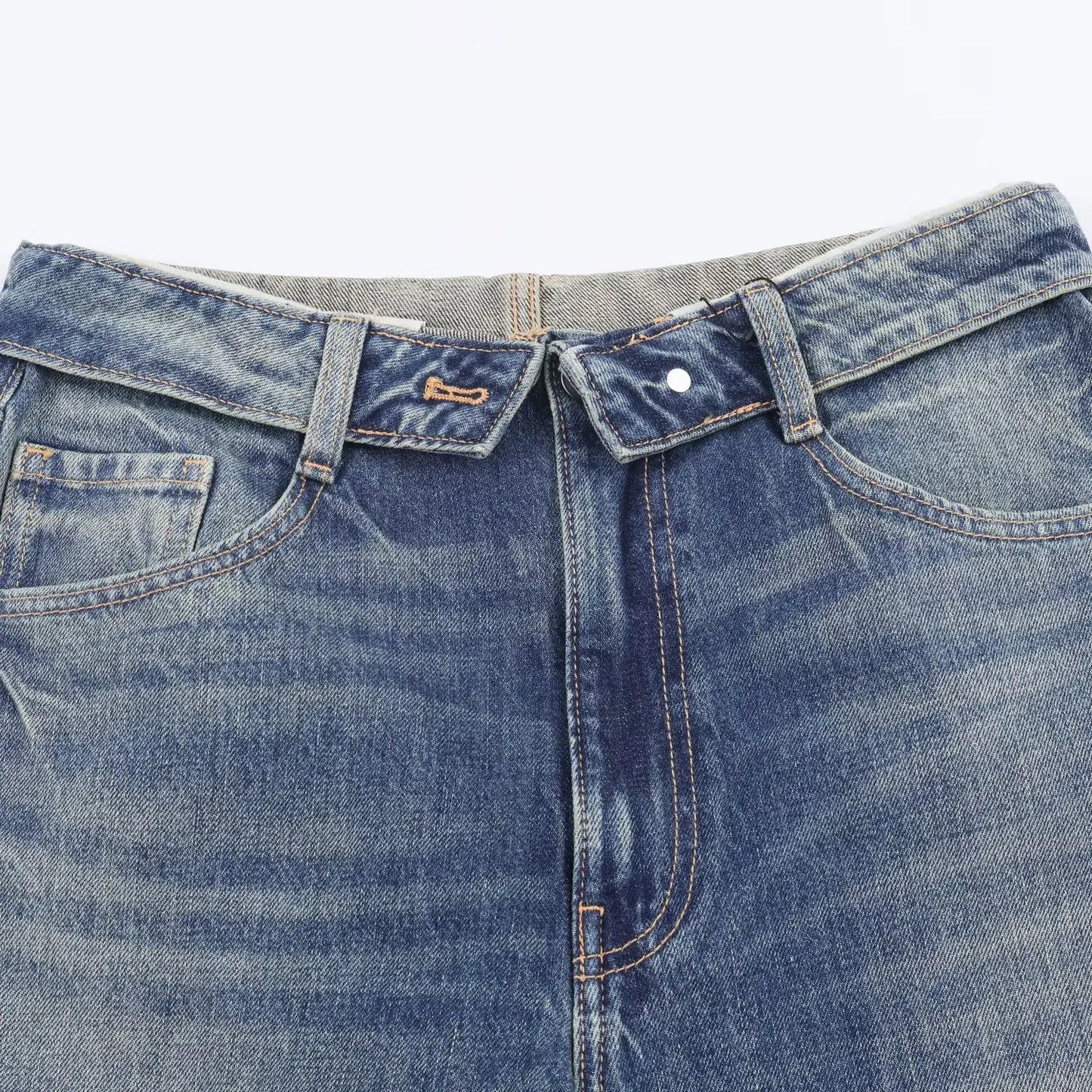 HH Women's 2025 New Fashion Retro Versatile Mid-Waist Turn-Down Jeans Female High Street Casual Ripped Decorative Wide Leg Pants