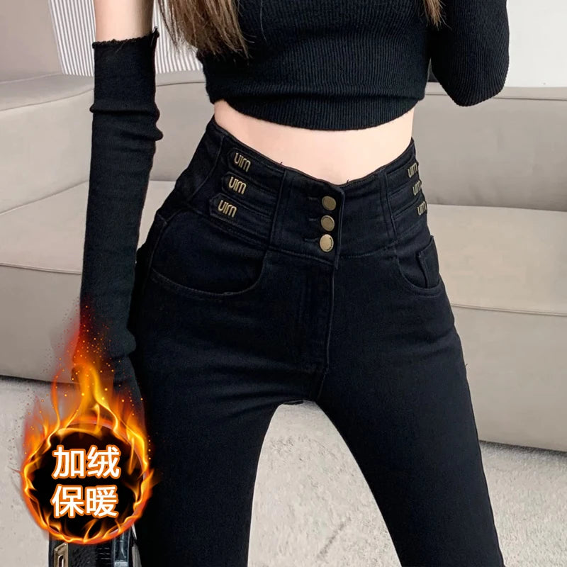 winter warm thick fleece woman's jeans with high waist jeans woman mom jeans women's jeans for women jean femme clothe black