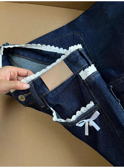 Retro Dark Blue Denim Pants for Women Spring Autumn Sweet Lace Bow Jeans Female American Style Straight Loose Wide Leg Pants