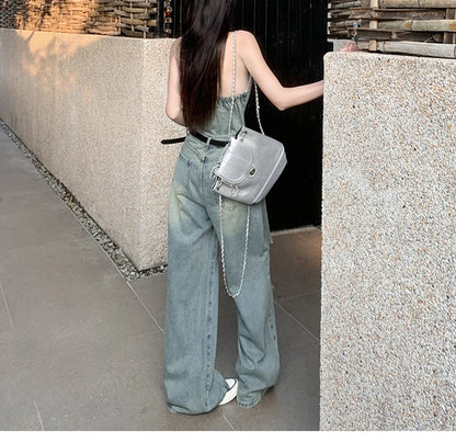 Women's Casual Denim Overalls Vintage Button Down Sexy Backless Holes Hollow Out Ripped Denim Full Pants Female 2024 New Jeans