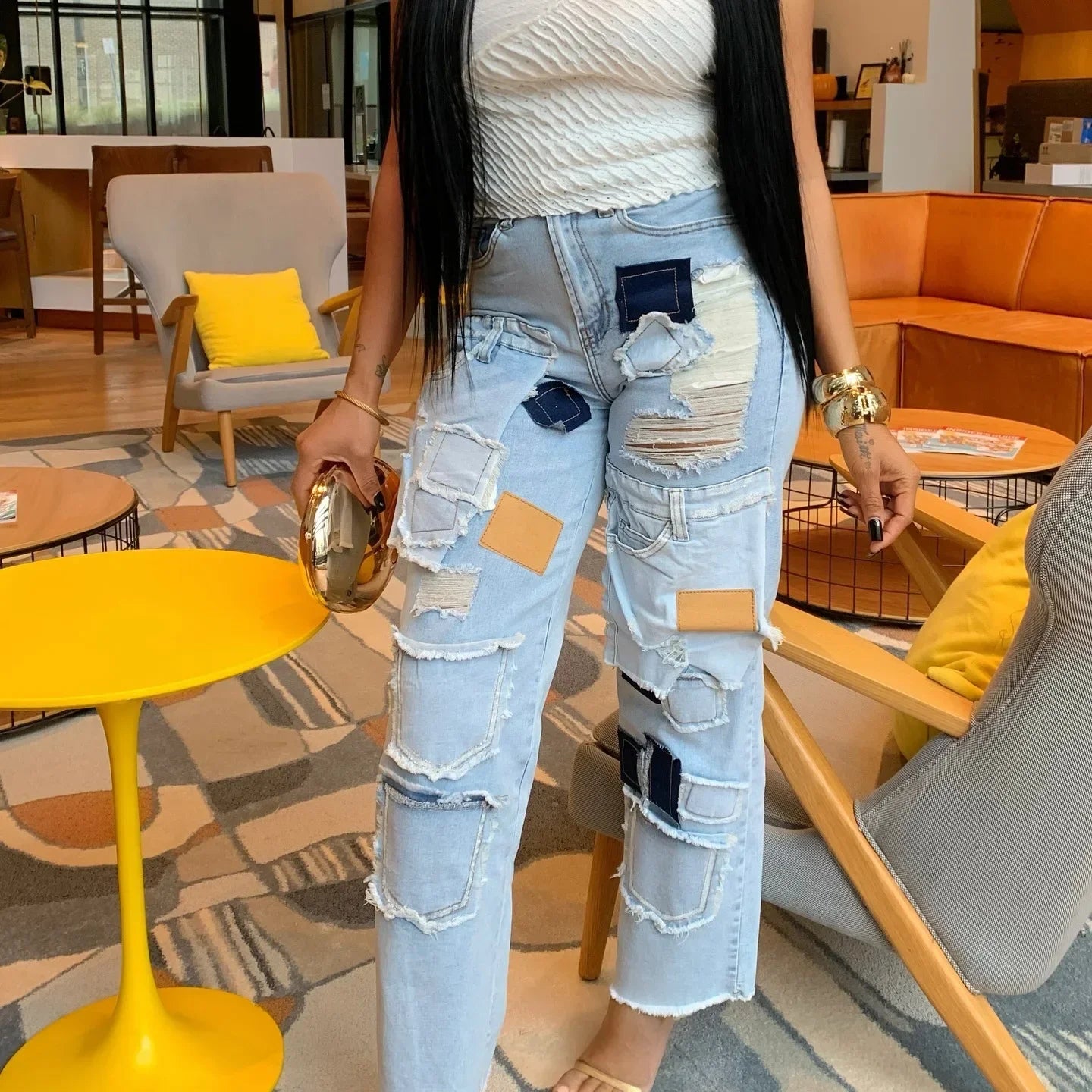 Women Streetwear Cargo Straight Denim Pocket Patchwork Wide Leg Jeans Pants Fall Fashion Ripped Out Party Trousers