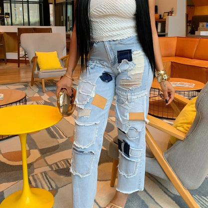 Women Streetwear Cargo Straight Denim Pocket Patchwork Wide Leg Jeans Pants Fall Fashion Ripped Out Party Trousers