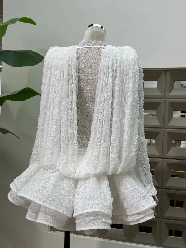 Chic Sheer Three Pieces Mini Dresses For Women Sexy O Neck Long Sleeve Tops Shorts Celebrity See Through Birthday Luxury Outfit