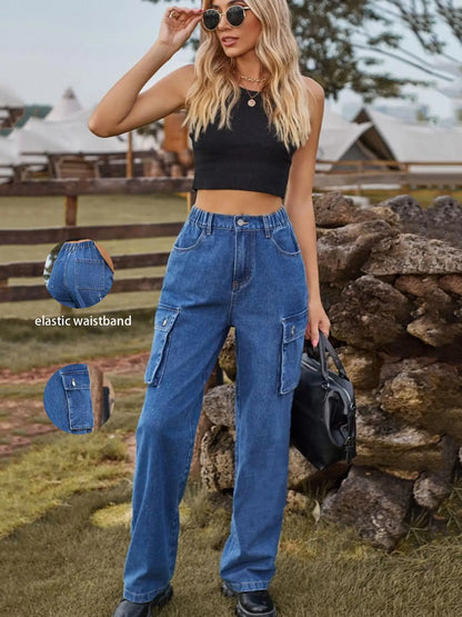 Women's High-Waisted Street Cargo Jeans Baggy Wide-Leg Pants Trendy Fashion Casual Blue Denim Trousers, Suitable for Gatherings,