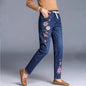 Brand Embroidery Jeans Womens Light Blue Elastic Waist Denim Pants High Waist Straight Leg Cropped Cut Jeans Spring Female
